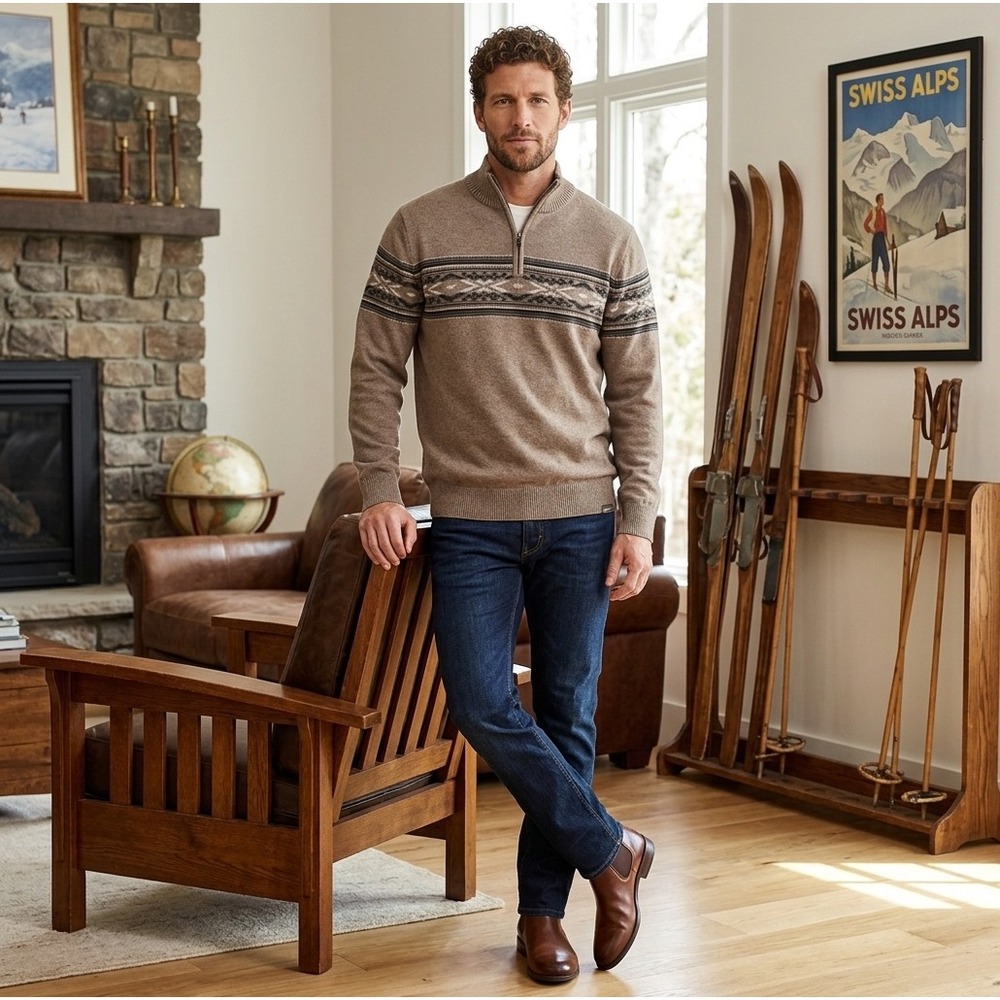 EUC Eddie Bauer Men's LT Fair Isle Quarter Zip Sweater 100% Cotton Nordic